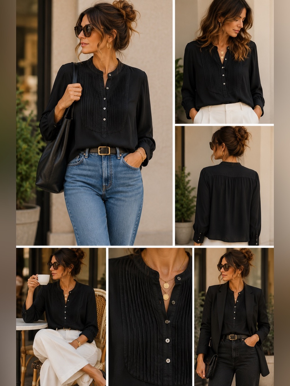 J. Crew Black Long-Sleeve Pleated Bib Henley Top